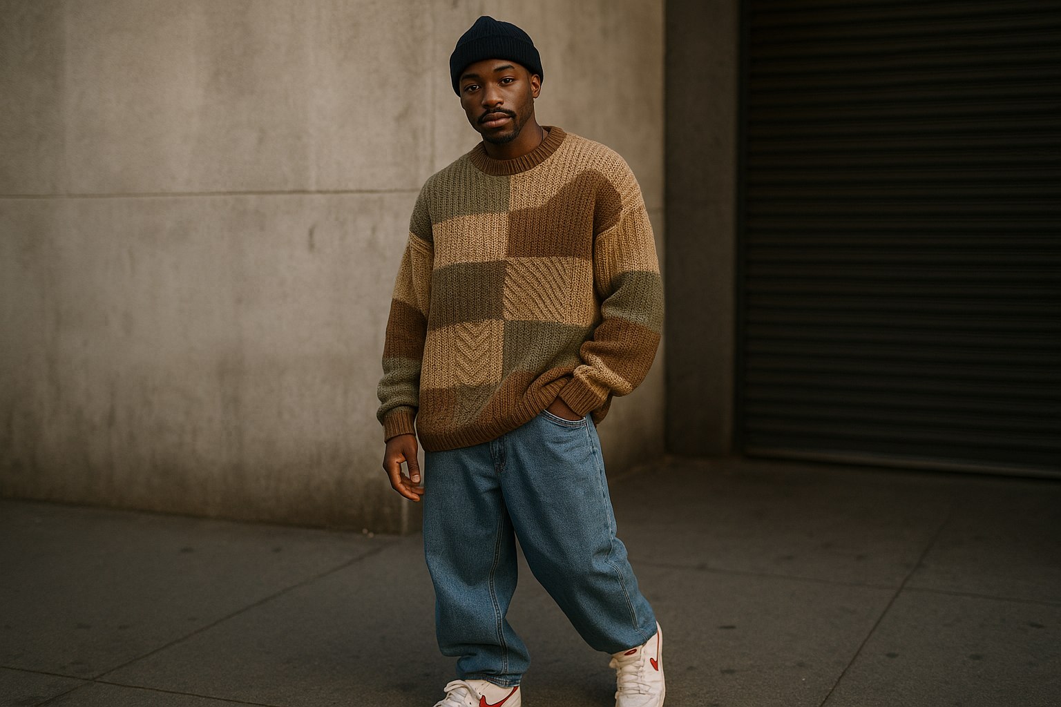 Black man with skateboarder outfit and a trendy sweater